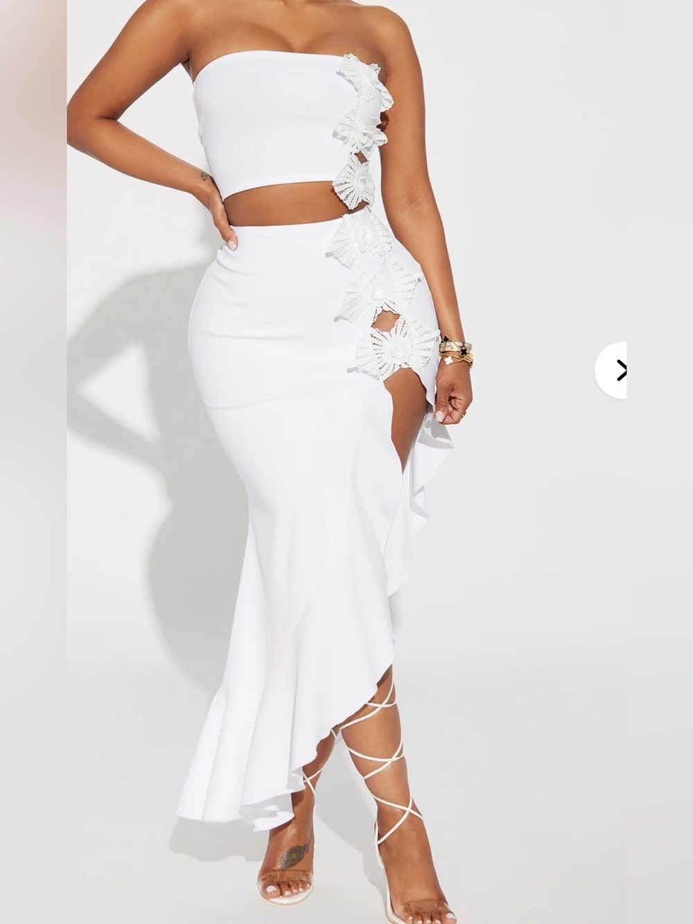 White Asymmetric Floral Cutout Maxi Skirt & Top​